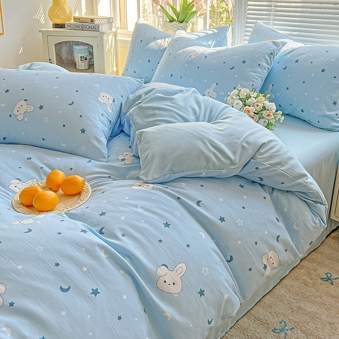 91家纺网 家纺一手货源 找家纺 2025水洗棉双层纱简约风ins风小碎花被套床单款床笠款三四件套-单被套 星空兔