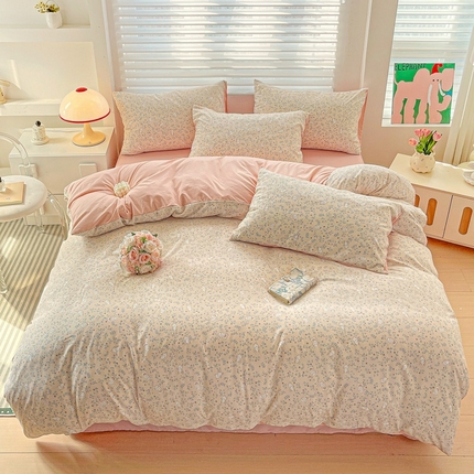 2025新款水洗云朵糯糯棉简约风ins风小碎花被套床单款床笠款三四件套 花丛兔