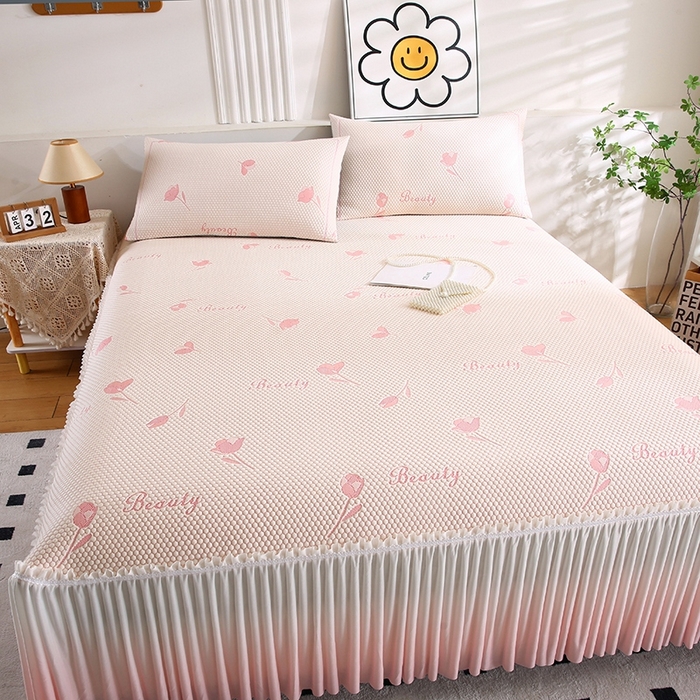 91家纺网 家纺一手货源 找家纺 法莱妮2025夏季新款A类真凉感丝提花三明治冰豆豆凉席床裙三件套  郁金香 -粉