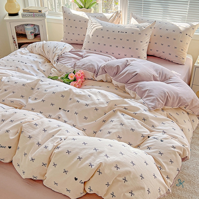 91家纺网 家纺一手货源 找家纺 2025新款水洗云朵糯糯棉简约风ins风小碎花被套床单款床笠款三四件套 蝴蝶结