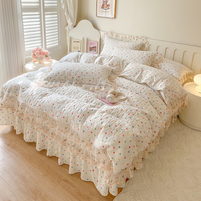 91家纺网 家纺一手货源 找家纺 网红馆 2025新款水洗棉印花床盖四件套 奶油波点