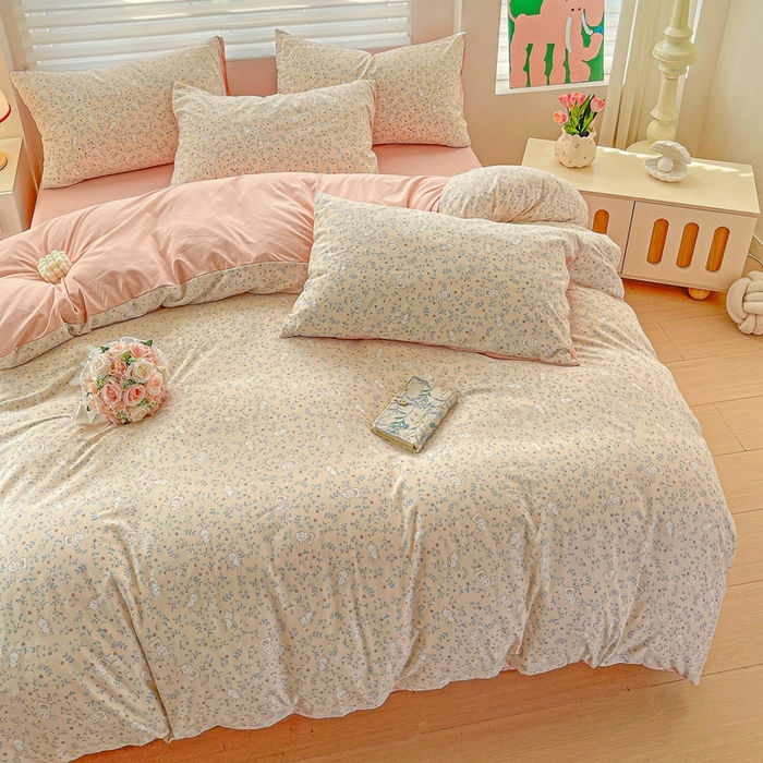 91家纺网 家纺一手货源 找家纺 2025新款水洗云朵糯糯棉简约风ins风小碎花被套床单款床笠款三四件套 花丛兔