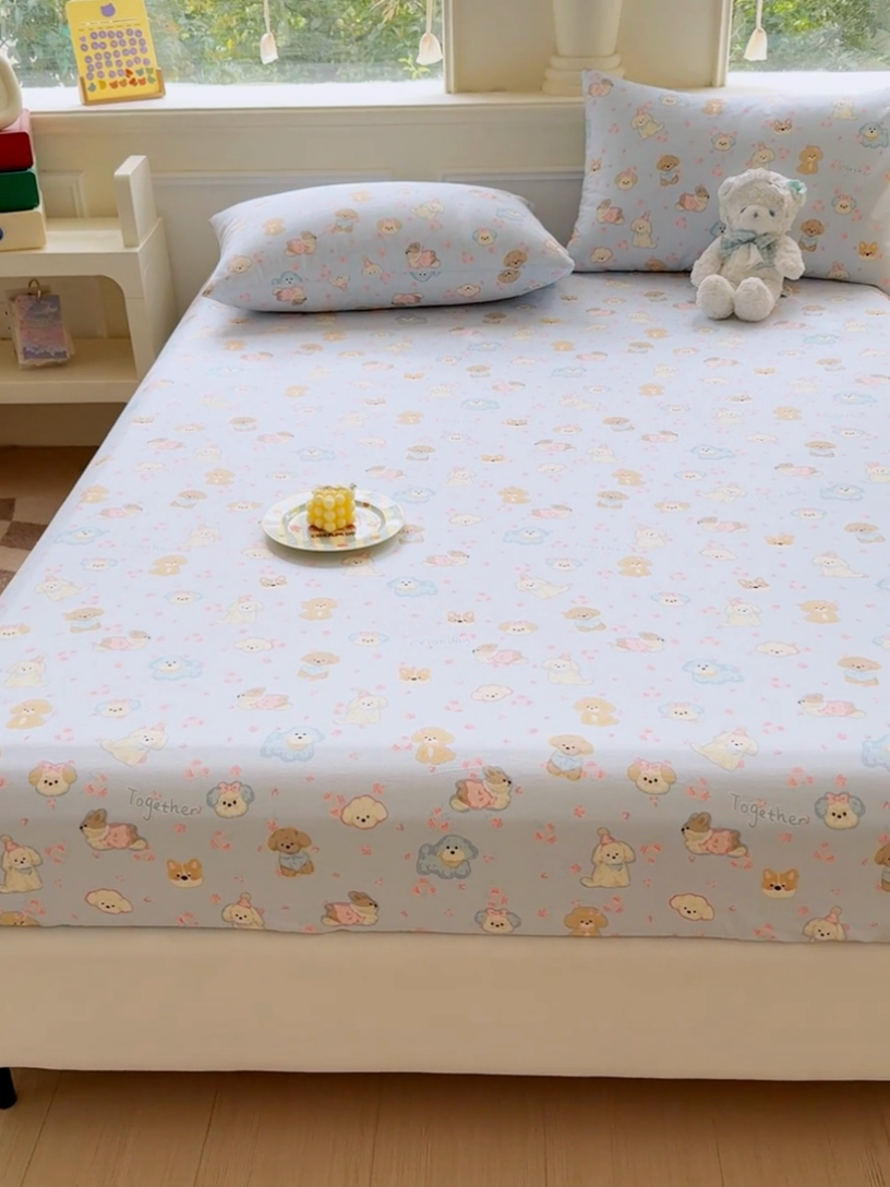 91家纺网 家纺一手货源 找家纺 2025新款全棉床单床笠 小奶狗 床笠款