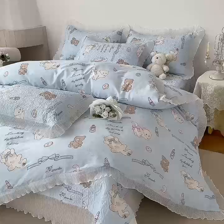 91家纺网 家纺一手货源 找家纺 添越 2024小清新韩版蕾丝花边纯棉夹棉床盖三件套全棉