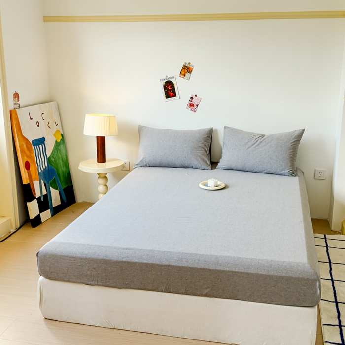 91家纺网 家纺一手货源 找家纺 2025新款全棉色织水洗棉床单床笠 青灰 床笠款