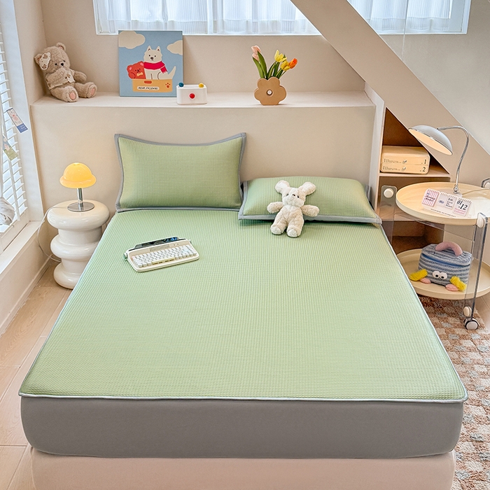 91家纺网 家纺一手货源 找家纺 金盛纺 2025新款冰豆豆凉席-床笠款 华夫格-绿