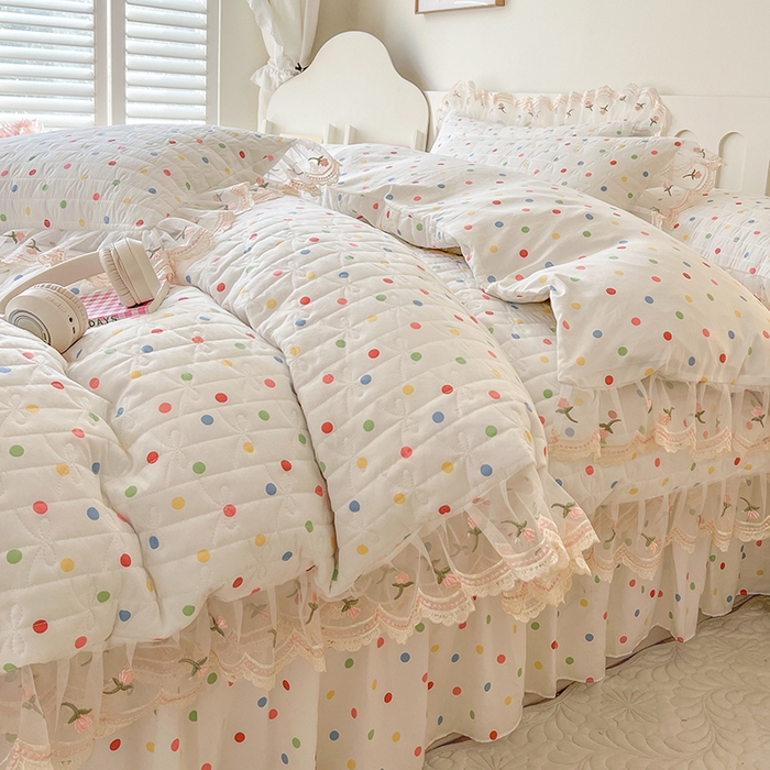 91家纺网 家纺一手货源 找家纺 网红馆 2025新款水洗棉印花床盖四件套 奶油波点