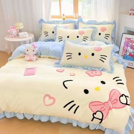 91家纺网 家纺一手货源 找家纺 （总）泉欣家纺 2025新款网红可爱卡通公主风毛巾绣花水洗棉四件套（专版花型）甜甜猫咪