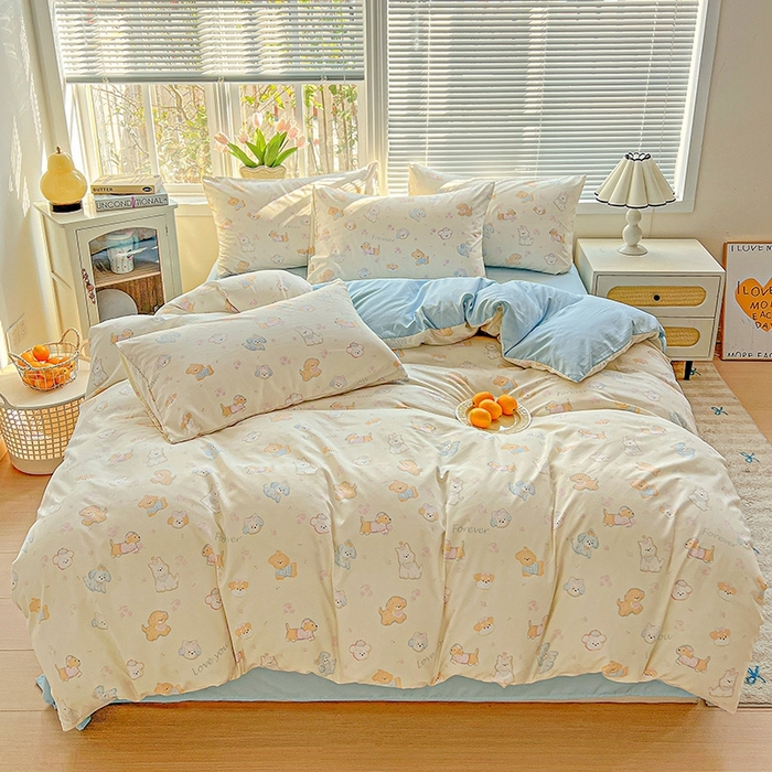 91家纺网 家纺一手货源 找家纺 2025水洗棉双层纱简约风ins风小碎花被套床单款床笠款三四件套-单被套 萌宠