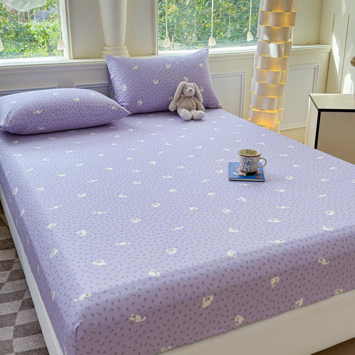 91家纺网 家纺一手货源 找家纺 2025新款全棉床单床笠 紫花猫 床笠款