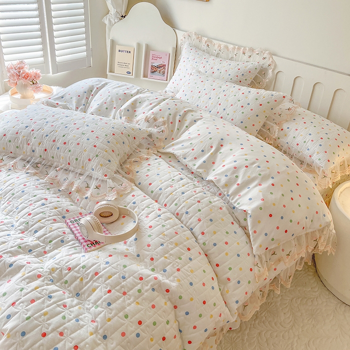 91家纺网 家纺一手货源 找家纺 网红馆 2025新款水洗棉印花床盖四件套 奶油波点