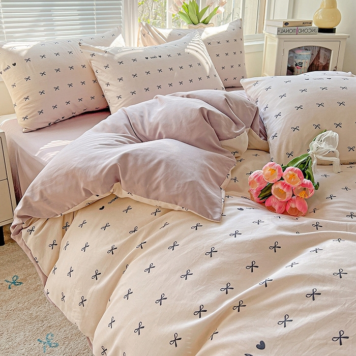 91家纺网 家纺一手货源 找家纺 2025水洗棉双层纱简约风ins风小碎花被套床单款床笠款三四件套-单被套 蝴蝶结