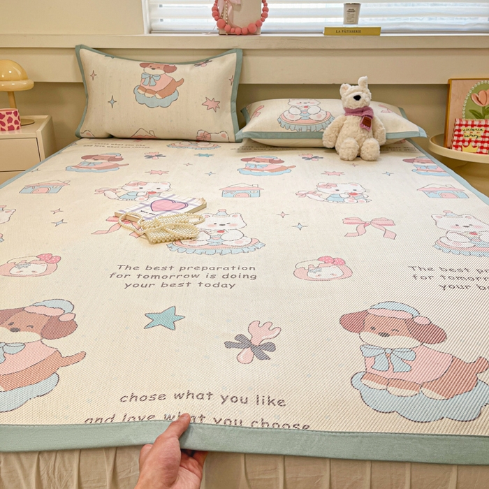 91家纺网 家纺一手货源 找家纺 慕澄家纺 2025新款小清新印花真冰藤系列凉席床席款 床席-游园会