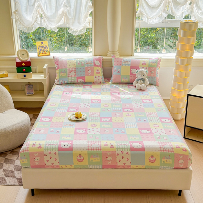 91家纺网 家纺一手货源 找家纺 2025新款全棉床单床笠 格子猫咪 床笠款