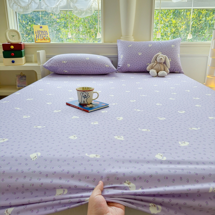 91家纺网 家纺一手货源 找家纺 2025新款全棉床单床笠 紫花猫 床笠款