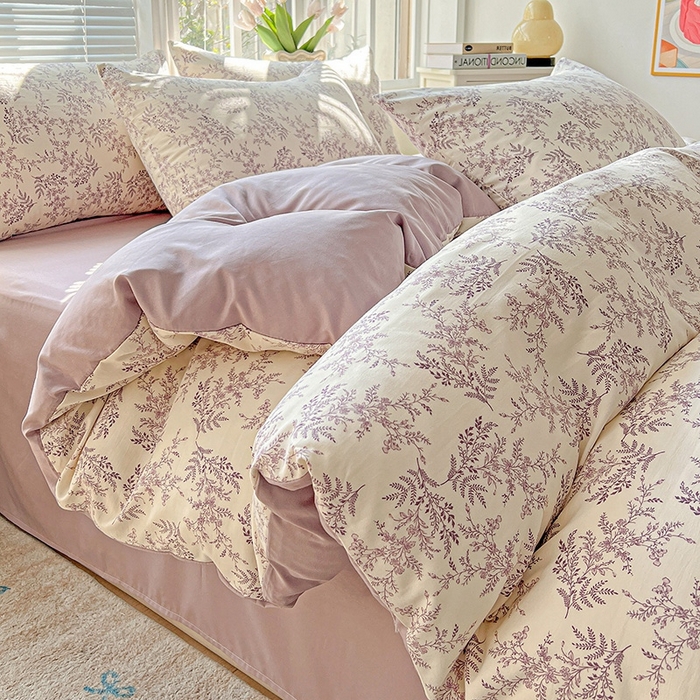 91家纺网 家纺一手货源 找家纺 2025水洗棉双层纱简约风ins风小碎花被套床单款床笠款三四件套-单被套 紫颜