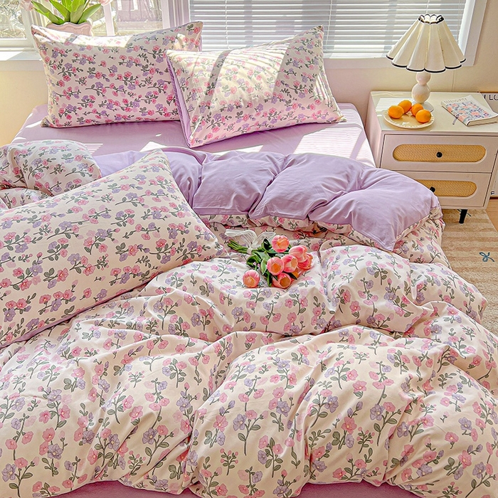 91家纺网 家纺一手货源 找家纺 2025新款水洗云朵糯糯棉简约风ins风小碎花被套床单款床笠款三四件套 花开满树