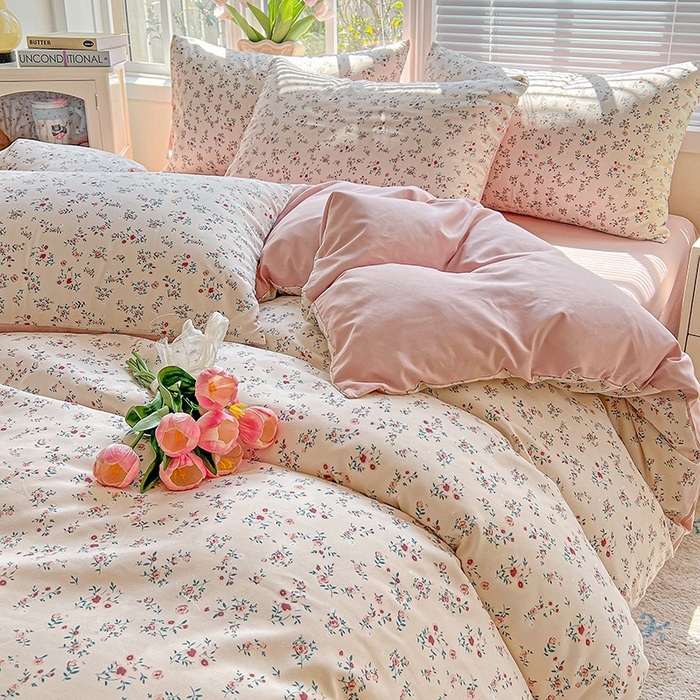 91家纺网 家纺一手货源 找家纺 2025水洗棉双层纱简约风ins风小碎花被套床单款床笠款三四件套-单被套 忘忧草