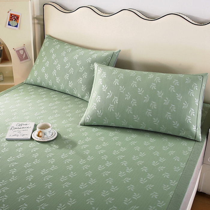 91家纺网 家纺一手货源 找家纺 法莱妮 2025夏季新款A类真凉感丝提花加厚三明治冰豆豆凉席-叶韵系列  叶韵-绿