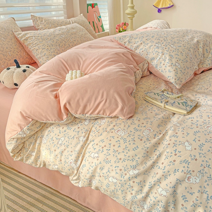 91家纺网 家纺一手货源 找家纺 2025水洗棉双层纱简约风ins风小碎花被套床单款床笠款三四件套-单被套 花丛兔