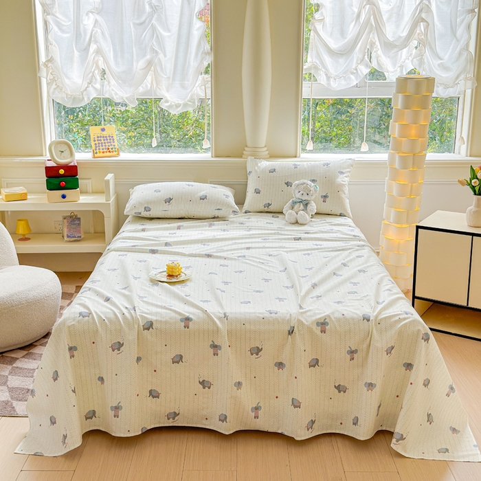 91家纺网 家纺一手货源 找家纺 2025新款全棉床单床笠 灰条小象 床单款