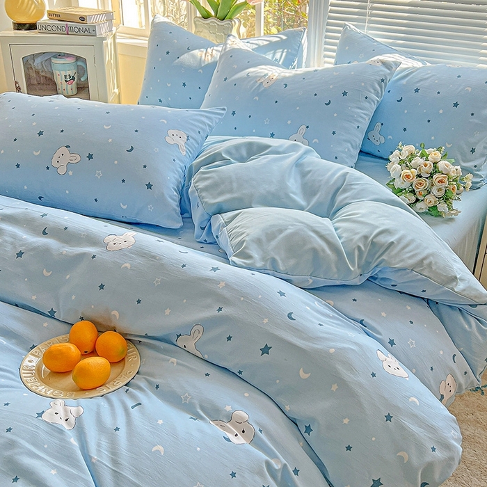 91家纺网 家纺一手货源 找家纺 2025水洗棉双层纱简约风ins风小碎花被套床单款床笠款三四件套-单被套 星空兔