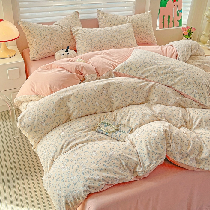 91家纺网 家纺一手货源 找家纺 2025新款水洗云朵糯糯棉简约风ins风小碎花被套床单款床笠款三四件套 花丛兔