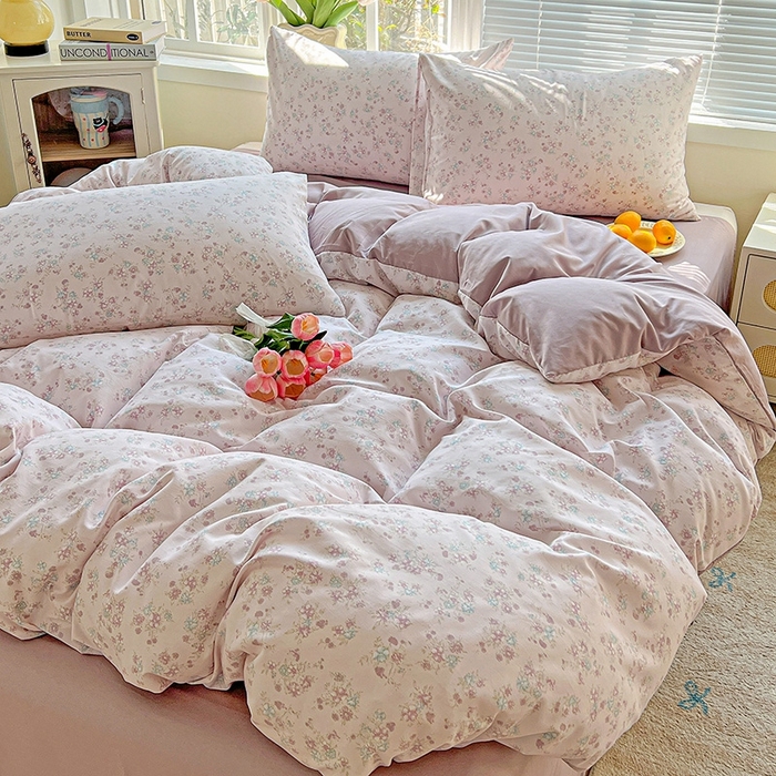 91家纺网 家纺一手货源 找家纺 2025水洗棉双层纱简约风ins风小碎花被套床单款床笠款三四件套-单被套 花梦