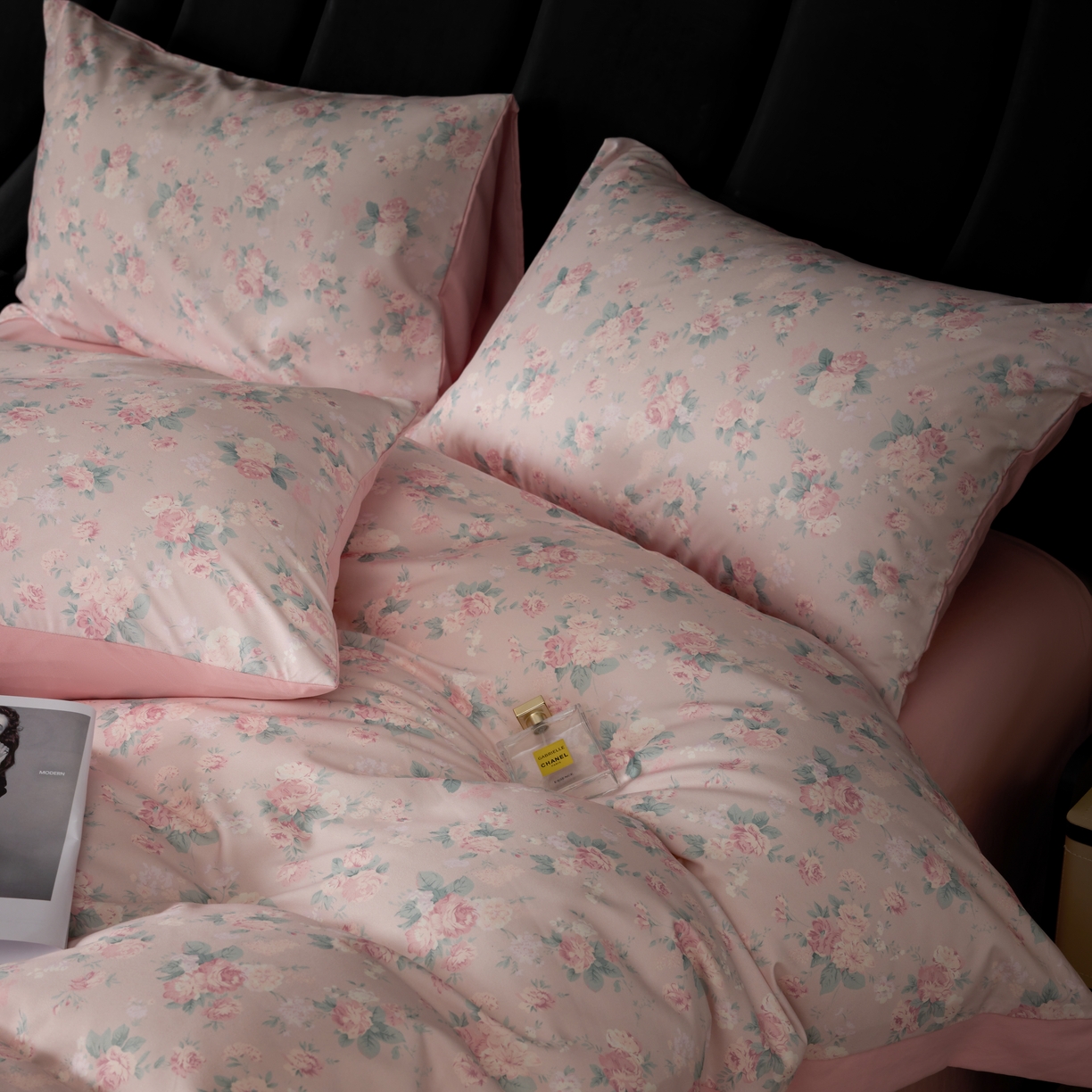 91家纺网 家纺一手货源 找家纺 丽卡家纺 2025新款数码印花有氧双层纱四件套 典雅粉