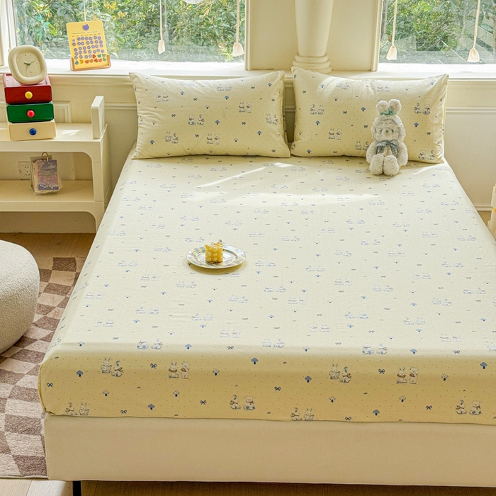 91家纺网 家纺一手货源 找家纺 2025新款全棉床单床笠 熊护萌兔  床笠款