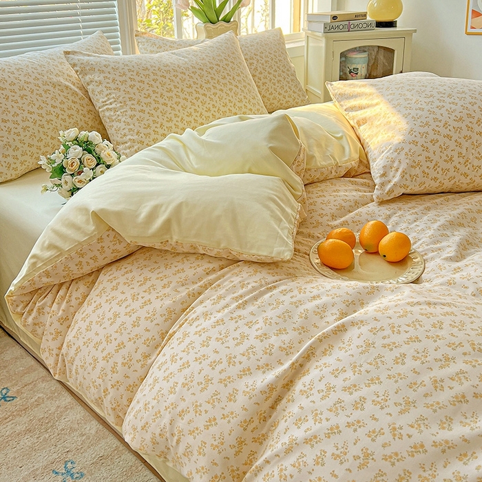 91家纺网 家纺一手货源 找家纺 2025水洗棉双层纱简约风ins风小碎花被套床单款床笠款三四件套-单被套 浅香