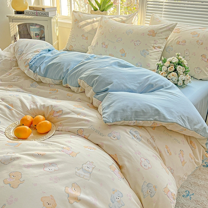 91家纺网 家纺一手货源 找家纺 2025新款水洗云朵糯糯棉简约风ins风小碎花被套床单款床笠款三四件套 萌宠