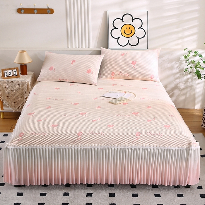 91家纺网 家纺一手货源 找家纺 法莱妮2025夏季新款A类真凉感丝提花三明治冰豆豆凉席床裙三件套  郁金香 -粉