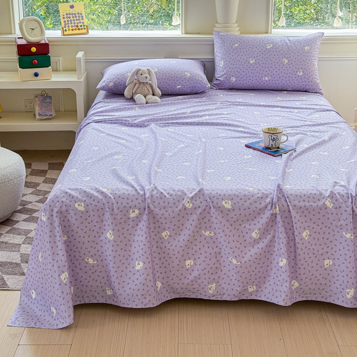 91家纺网 家纺一手货源 找家纺 2025新款全棉床单床笠 紫花猫 床单款