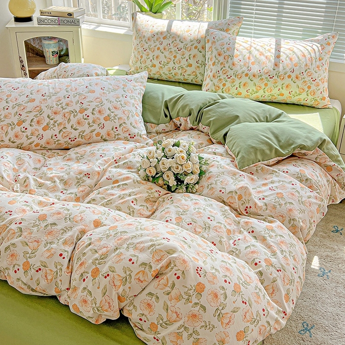 91家纺网 家纺一手货源 找家纺 2025水洗棉双层纱简约风ins风小碎花被套床单款床笠款三四件套-单被套 热恋