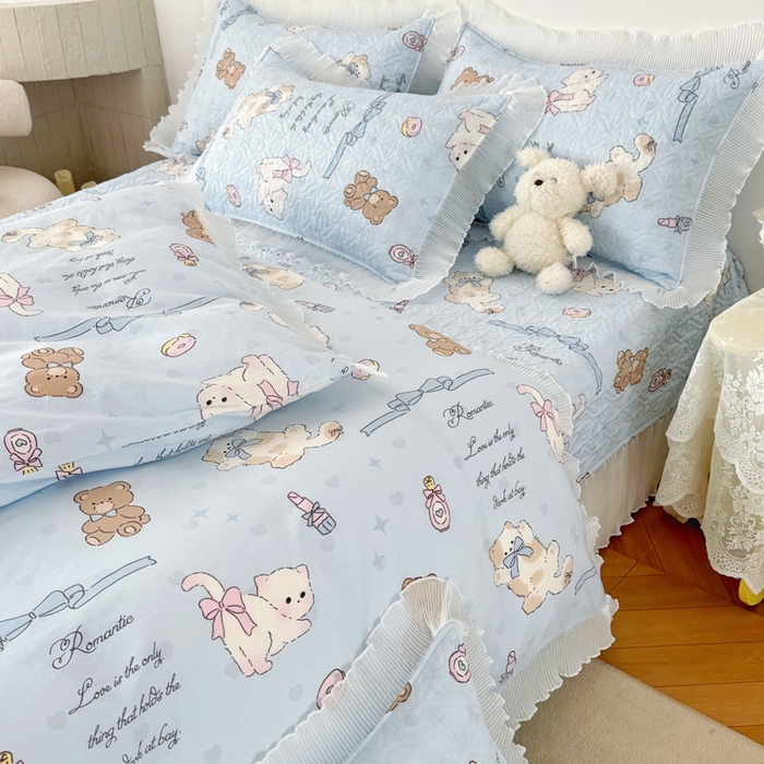 91家纺网 家纺一手货源 找家纺 添越 2024小清新韩版蕾丝花边纯棉夹棉床盖三件套全棉