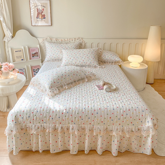 91家纺网 家纺一手货源 找家纺 网红馆 2025新款水洗棉印花床盖四件套 奶油波点