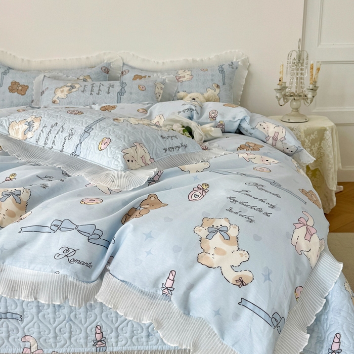 91家纺网 家纺一手货源 找家纺 添越 2024小清新韩版蕾丝花边纯棉夹棉床盖三件套全棉