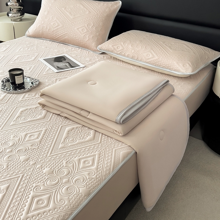 91家纺网 家纺一手货源 找家纺 世纪绒品 2025新款A类凉感压花单床笠单夏被 甜梦卡其-单夏被