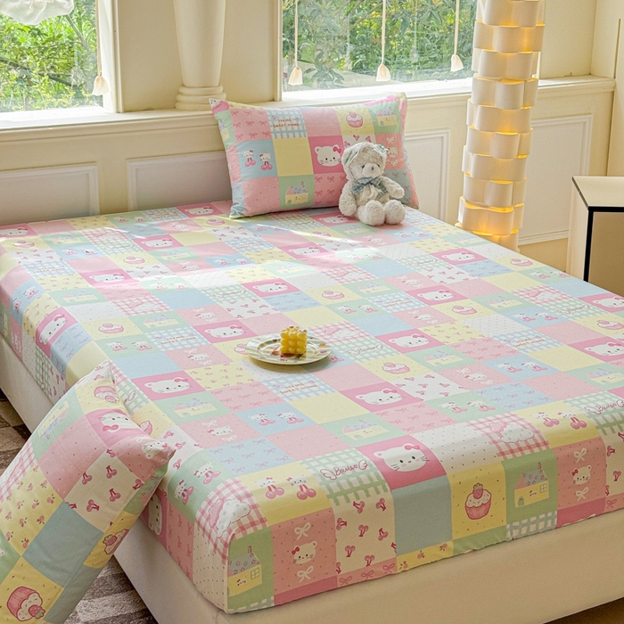 91家纺网 家纺一手货源 找家纺 2025新款全棉床单床笠 格子猫咪 床笠款