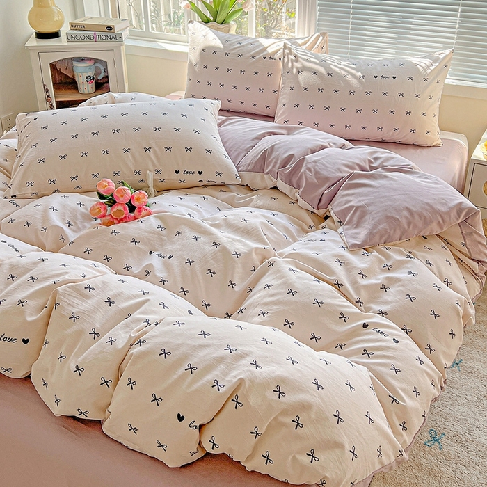 91家纺网 家纺一手货源 找家纺 2025水洗棉双层纱简约风ins风小碎花被套床单款床笠款三四件套-单被套 蝴蝶结