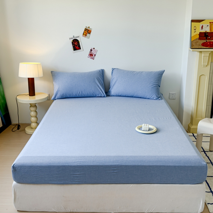 91家纺网 家纺一手货源 找家纺 2025新款全棉色织水洗棉床单床笠 天蓝 床笠款