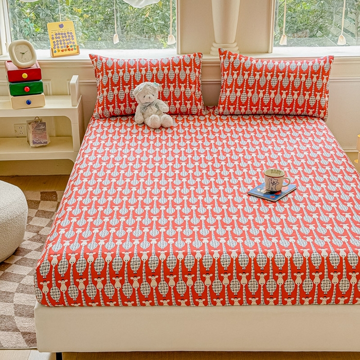 91家纺网 家纺一手货源 找家纺 2025新款全棉床单床笠 长颈鹿 床笠款