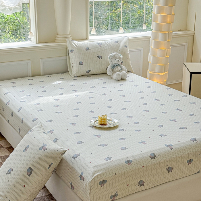 91家纺网 家纺一手货源 找家纺 2025新款全棉床单床笠 灰条小象 床笠款