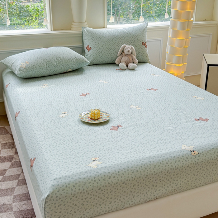 91家纺网 家纺一手货源 找家纺 2025新款全棉床单床笠 点点小狗 床笠款