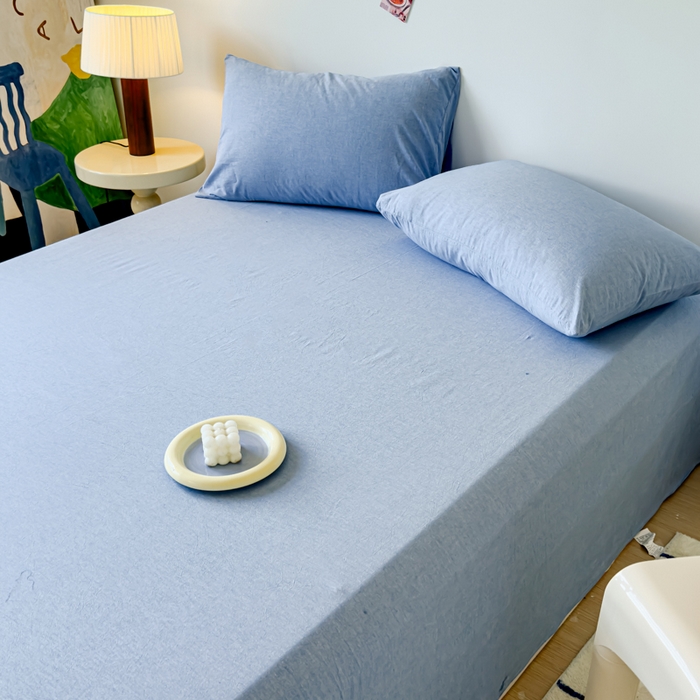 91家纺网 家纺一手货源 找家纺 2025新款全棉色织水洗棉床单床笠 天蓝 床单款