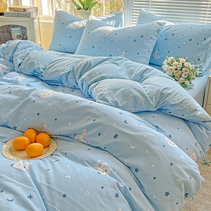 91家纺网 家纺一手货源 找家纺 2025水洗棉双层纱简约风ins风小碎花被套床单款床笠款三四件套-单被套 星空兔