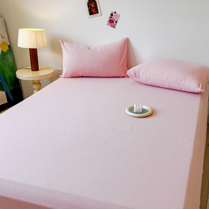 91家纺网 家纺一手货源 找家纺 2025新款全棉色织水洗棉床单床笠 嫩粉 床笠款