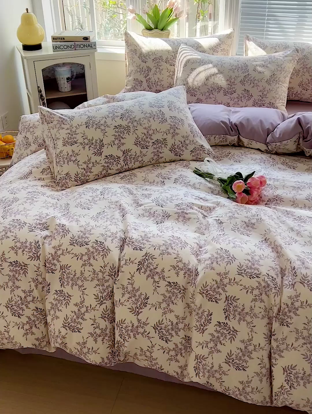 91家纺网 家纺一手货源 找家纺 2025水洗棉双层纱简约风ins风小碎花被套床单款床笠款三四件套-单被套 紫颜