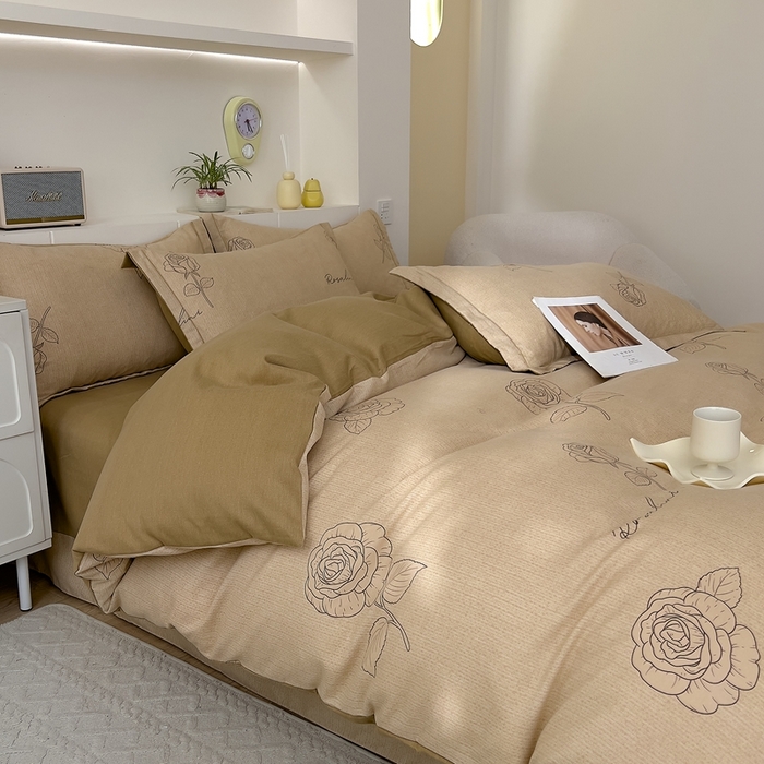 91家纺网 家纺一手货源 找家纺 优品阁 2024新款全棉磨毛四件套 法风玫瑰-咖